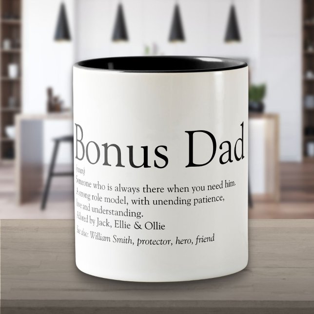 Bonus Vater Definition Feathers Day Stepfather Zweifarbige Tasse (Bonus Dad Definition Fathers Day Stepfather Two-Tone Coffee Mug)