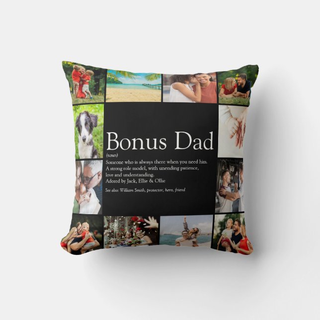Bonus Vater Definition Stepdad Foto Collage Black Kissen (Vorderseite)