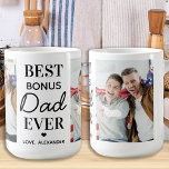 BONUS VATER Personalisiert 2 Foto Vatertag Kaffeetasse<br><div class="desc">Überraschen Sie Ihren Bonus Papa oder Step Papa diesen Tag mit einem personalisierten Foto Kaffee Tasse. "Der beste Bonus-VATER aller Zeiten." Personalisieren Sie diese Bonus Papa Tasse mit Lieblings-Fotos, Nachricht und Namen. Besuchen Sie unsere Kollektion für die Tagesgeschenke und die personalisierten Papa-Geschenke. COPYRIGHT © 2020 Judy Burrows, Black Dog Art...</div>