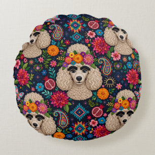 Boo22 Künstler Pudel Boho Floral – Bunter Pudel Rundes Kissen