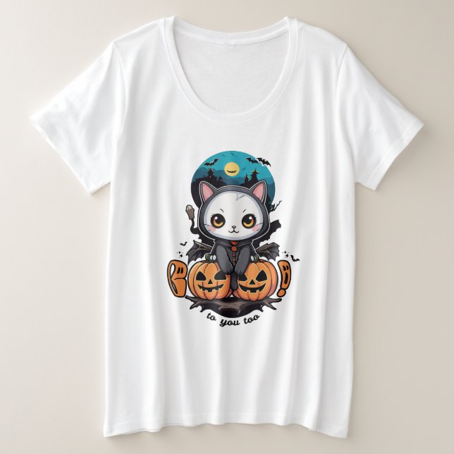 Boo auch für dich | Niedliche Katzenwings & Pumpki Große Größe T-Shirt (Design vorne)