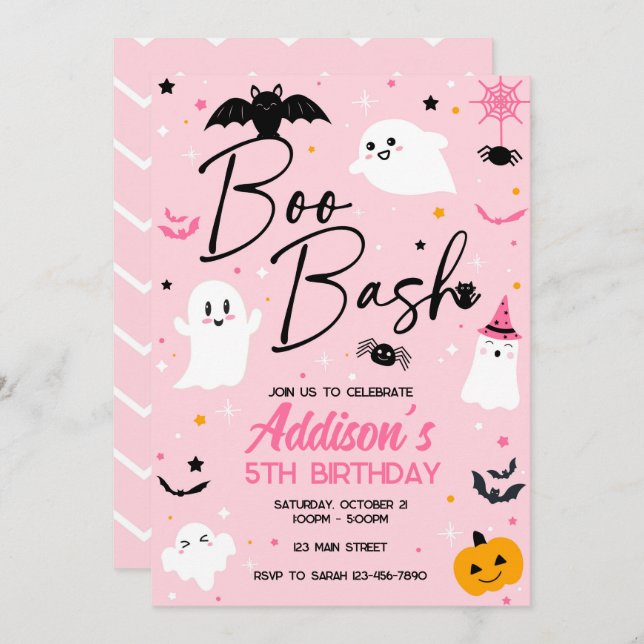 Boo Bash Pink Halloween Ghost Geburtstag Einladung (Vorne/Hinten)