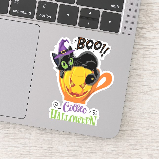 Boo Black Cat, Beängstigendes Pumpkin Coffee Hallo Aufkleber (Detail)
