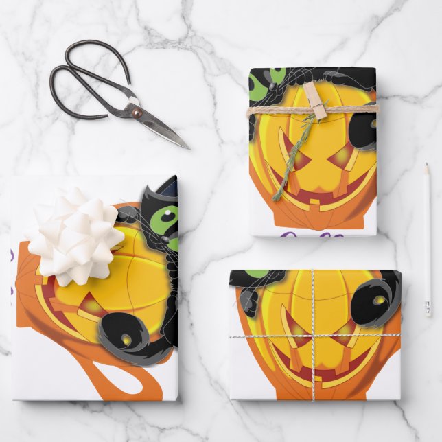 Boo Black Cat, Beängstigendes Pumpkin Coffee Hallo Geschenkpapier Set (Vorderseite)
