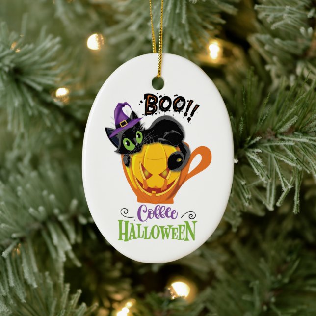 Boo Black Cat, Beängstigendes Pumpkin Coffee Hallo Keramik Ornament (Baum)
