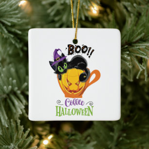 Boo Black Cat, Beängstigendes Pumpkin Coffee Hallo Keramikornament