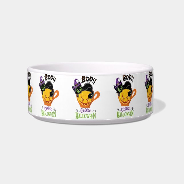 Boo Black Cat, Beängstigendes Pumpkin Coffee Hallo Napf (Links)