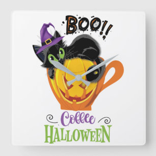 Boo Black Cat, Beängstigendes Pumpkin Coffee Hallo Quadratische Wanduhr