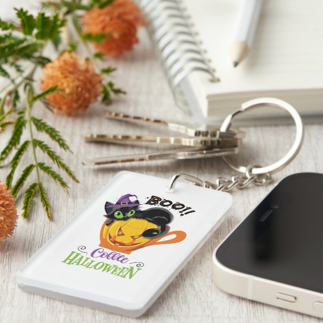 Boo Black Cat, Beängstigendes Pumpkin Coffee Hallo Schlüsselanhänger (Vorderseite rechts)