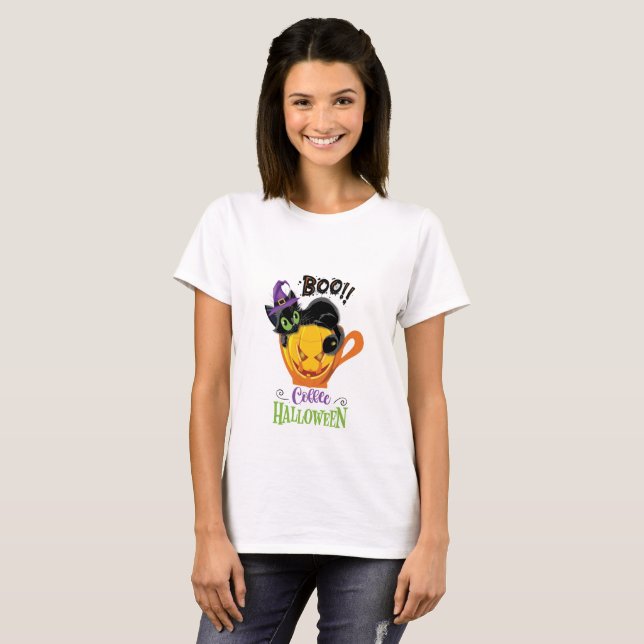 Boo Black Cat, Beängstigendes Pumpkin Coffee Hallo T-Shirt (Vorne ganz)