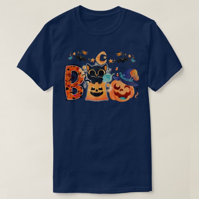 Boo Black Cat Halloween Pumpkin Hexenhut Kittens T-Shirt (Design vorne)