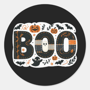 BOO Black & Orange Pumpkins Bats & Ghosts Runder Aufkleber