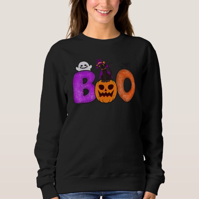 Boo Cat Pumpkin Halloween Ghost Costume Leopard Sweatshirt (Vorderseite)