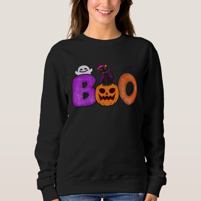 Boo Cat Pumpkin Halloween Ghost Costume Leopard Sweatshirt (Vorderseite)