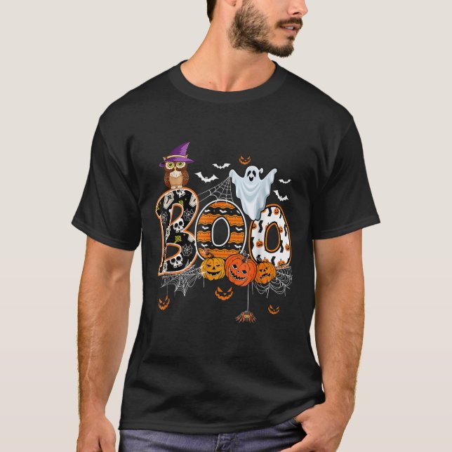 Boo Creepy Owl Pumpkin Ghost Halloween Men Frauen  T-Shirt (Vorderseite)