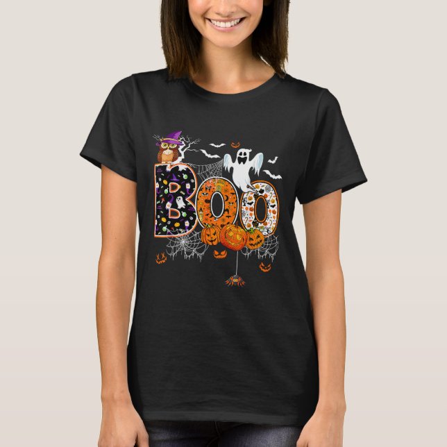 Boo Creepy Owl Pumpkin Ghost Halloween Men Women K T-Shirt (Vorderseite)