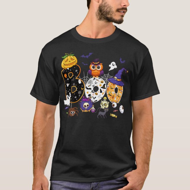 Boo Creepy Owl Pumpkin Ghost Halloween Men Women K T-Shirt (Vorderseite)