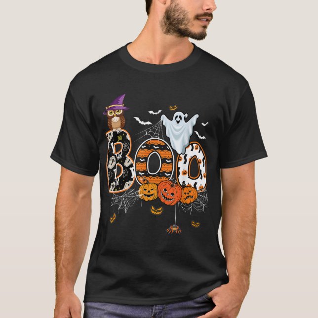 Boo Creepy Owl Pumpkin Ghost Halloween T-Shirt (Vorderseite)