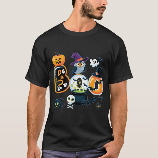 Boo Creepy Owl Pumpkin Ghost Spooky Halloween Männ T-Shirt (Vorderseite)