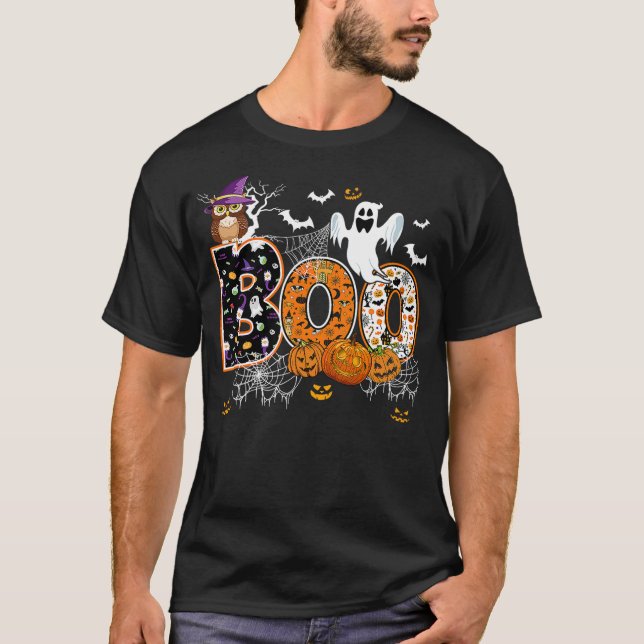 Boo Creepy Owl Witch Pumpkin Ghost Halloween Men W T-Shirt (Vorderseite)