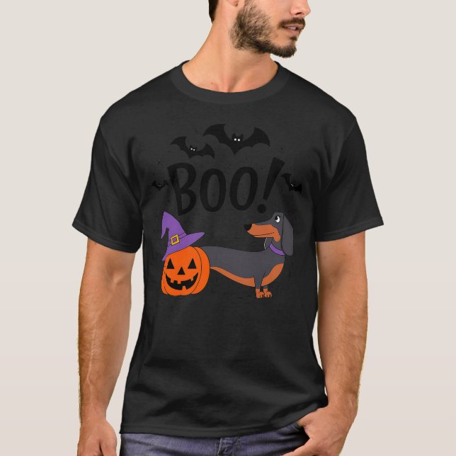 Boo! Dachshund Dog Spooky Pumpkin Witch Hat Fun Ha T-Shirt (Vorderseite)