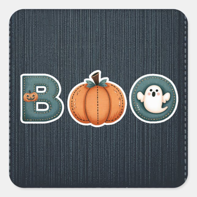 BOO Denim Rustic Country Pumpkin Ghost Halloween Quadratischer Aufkleber (Vorderseite)