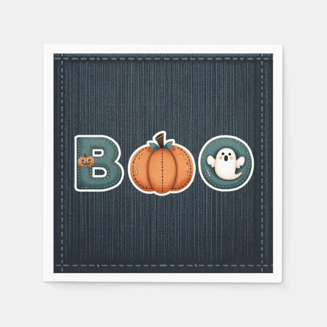 BOO Denim Rustic Country Pumpkin Ghost Halloween Serviette (Vorderseite)
