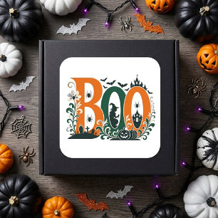 BOO Florale Verzierte Kürbisse Botanik Orange Grün Quadratischer Aufkleber