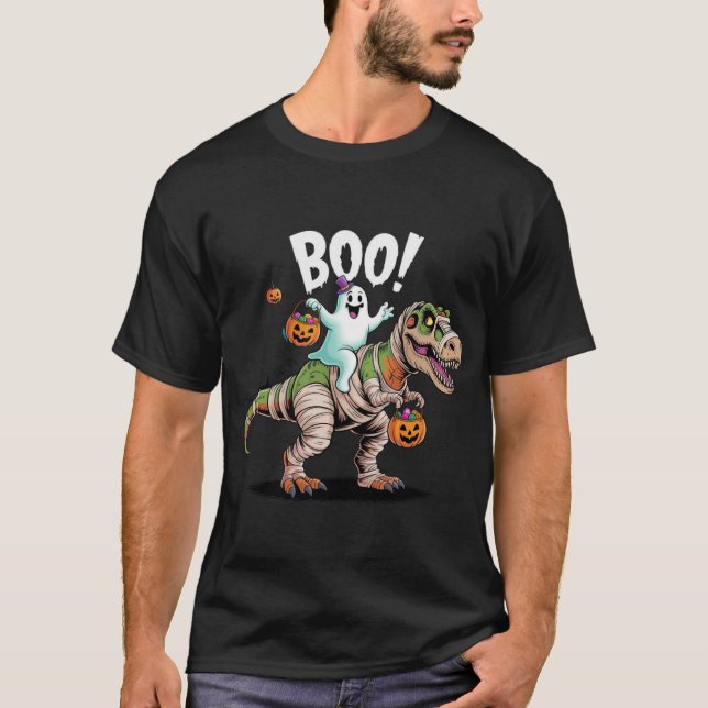 Boo! Funny Ghost Riding Mummy T-Rex T-Shirt (Vorderseite)
