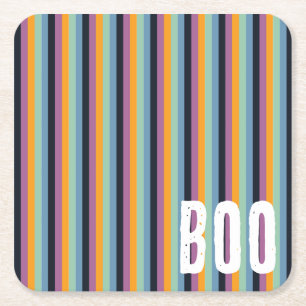 Boo! Gerölltes Orange und Lila Halloween-Streifen Rechteckiger Pappuntersetzer
