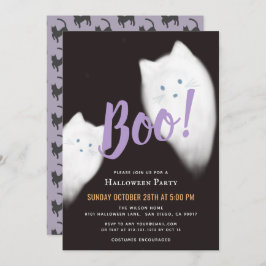 Boo! Ghost Cat Niedliches Lila Halloween-Party Einladung