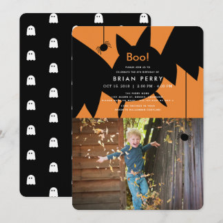 Boo! Halloween Bat & Spiders Foto Geburtstag Einladung