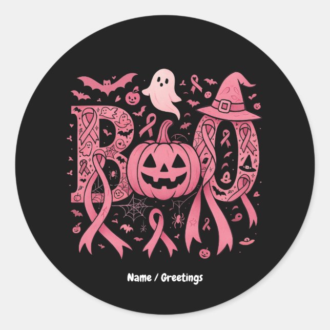 Boo Halloween Brustkrebs-Bewusstsein Pink Ribbon Runder Aufkleber (Vorderseite)