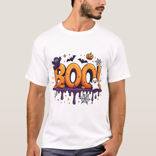 BOO Halloween Drilling Letters with Ghosts, Bats a T-Shirt (Vorderseite)