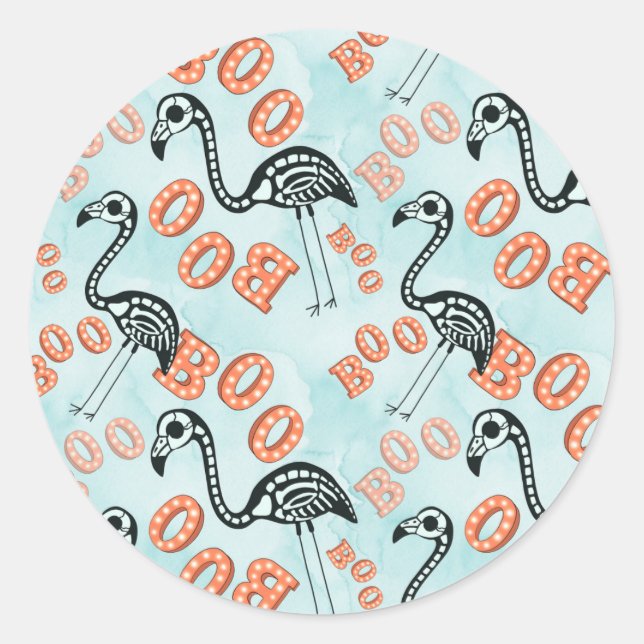 Boo Halloween | Flamingo Skeleton Runder Aufkleber (Vorderseite)
