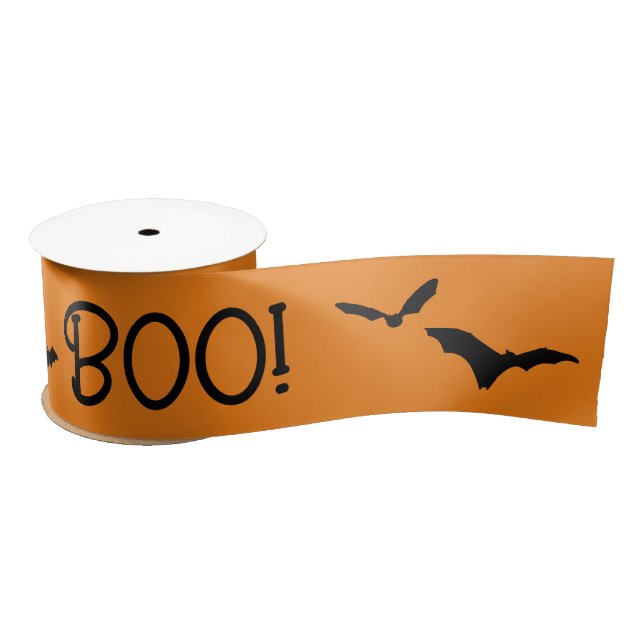 BOO Halloween Flying Bats Orange Ribbon Satinband (Spule)