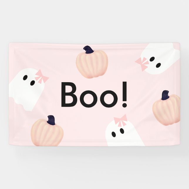Boo Halloween Ghost Girl Orange Pumpkin Pink Banner (Horizontal)