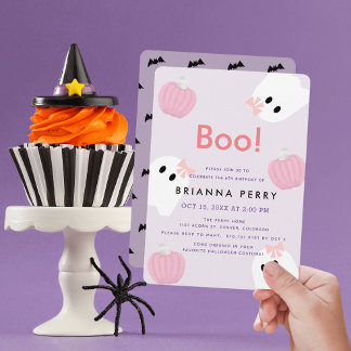 Boo! Halloween Ghost Girl Pumpkin Lila Geburtstag Einladung