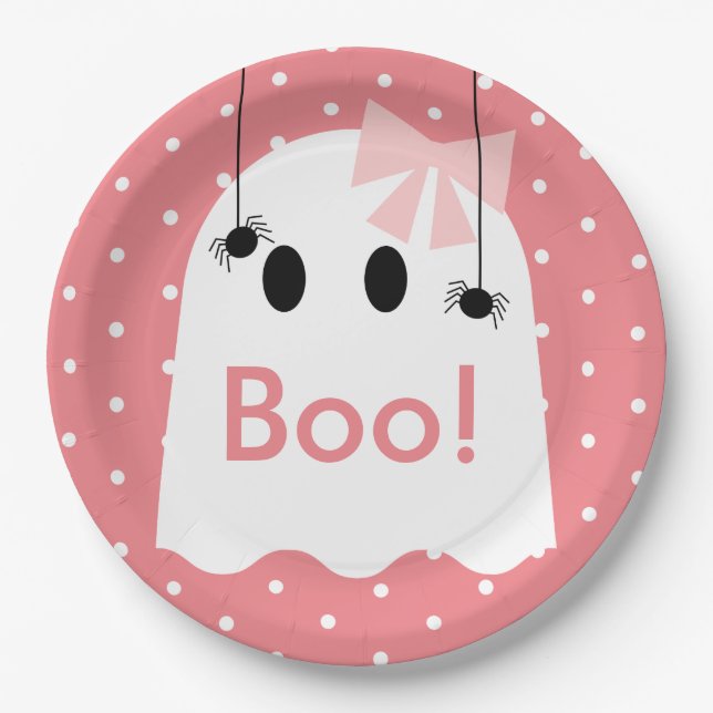 Boo! Halloween Ghost GIrl Ribbon Niedlich Pink Pappteller (Vorderseite)
