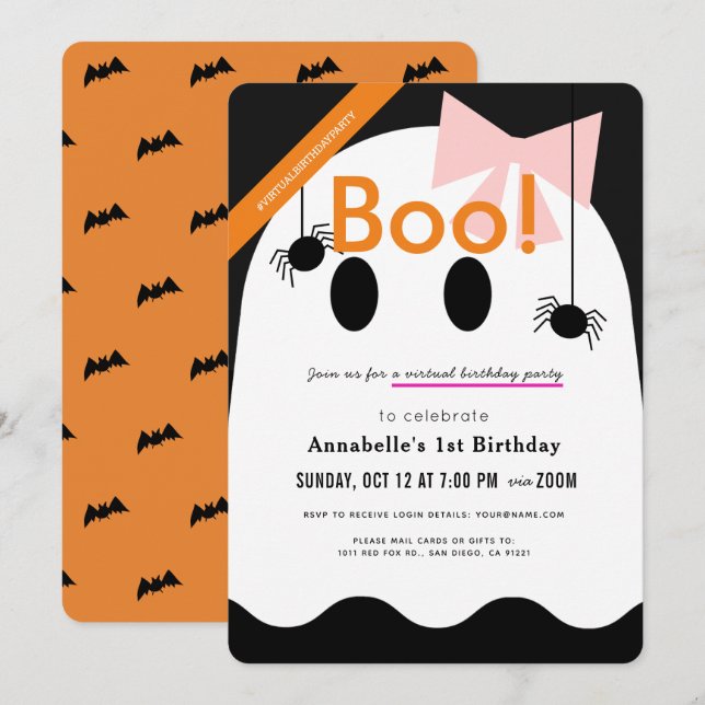 Boo! Halloween Ghost Girl Ribbon Virtual Geburtsta Einladung (Vorne/Hinten)