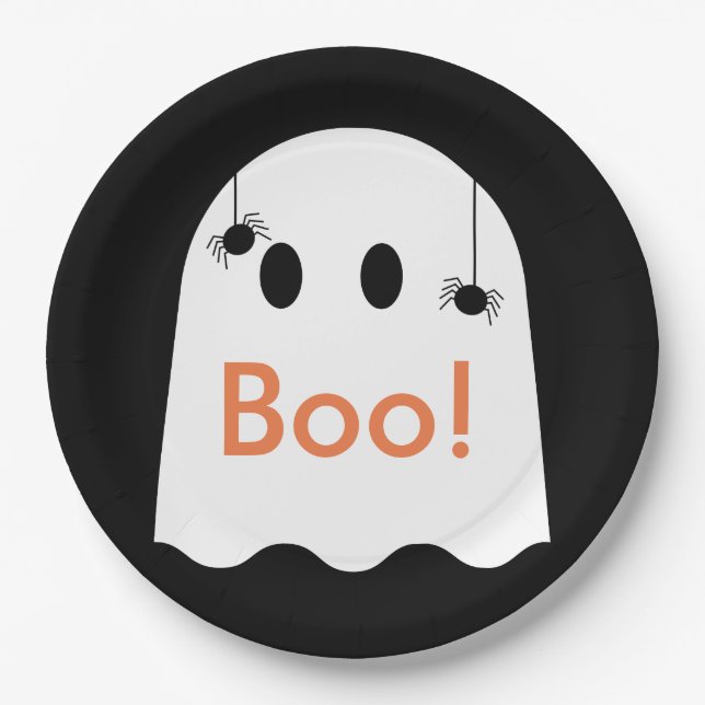 Boo! Halloween Ghost Niedlich Black Paper Plate Pappteller (Vorderseite)