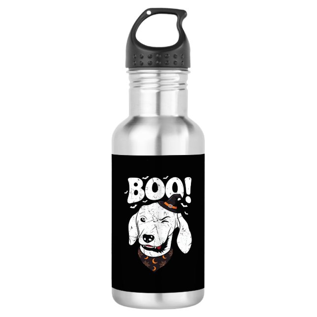 Boo Halloween Hund Hexenhut Fledermäuse Edelstahlflasche (Vorderseite)