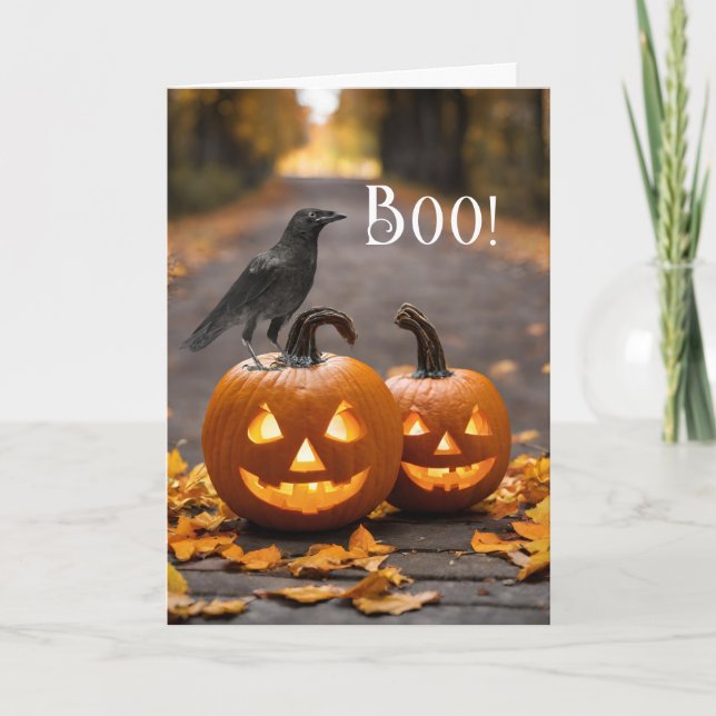 Boo Halloween Jack o' Lanterns und Raven Karte (Vorderseite)
