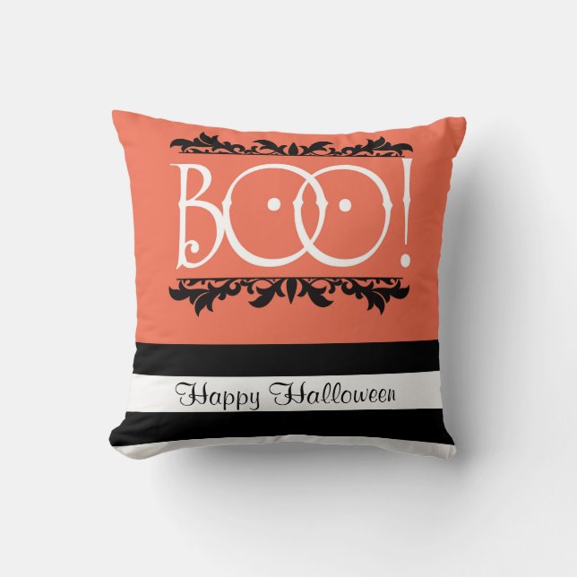 Boo! Halloween Orange & Schwarz-weiß Strippenschic Kissen (Vorderseite)