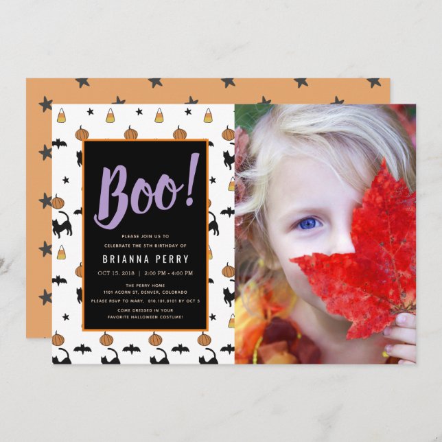 Boo! Halloween Pattern Niedliches weißes Foto Gebu Einladung (Vorne/Hinten)