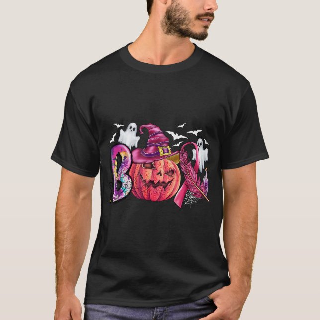 Boo Halloween Pumpkin Pink Ribbon Hexenbrust T-Shirt (Vorderseite)