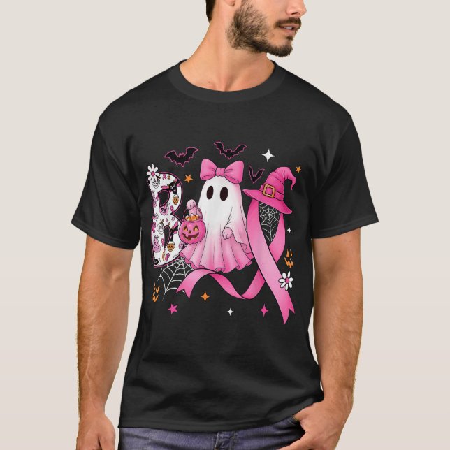 Boo Halloween Pumpkin Pink Ribbon Hexenbrust T-Shirt (Vorderseite)