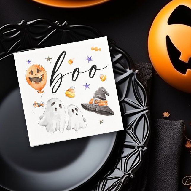 Boo Halloween Watercolor Party Serviette (Boo! Halloween watercolor ghosts, witch hat, pumpkin balloon and candy corn designed napkin,)