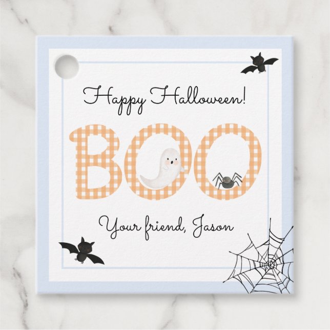 BOO Happy Halloween Gingham Orange Blue Spooky Geschenkanhänger (Vorderseite)