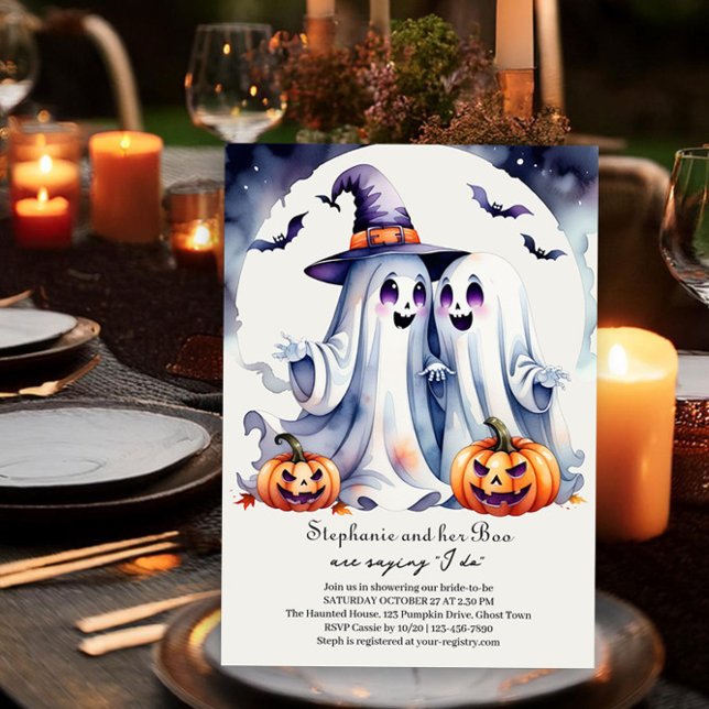 Boo I mache Niedlich Ghosts Halloween Brautparty Einladung (Halloween Bridal Shower Invitation with cute ghosts in love saying I do - by Darling & May)
